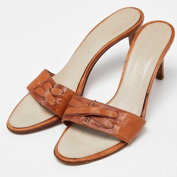 Yves Saint Laurent Brown Leather Open Toe Slide Sandals Size 38.5 - Picture 2 of 4